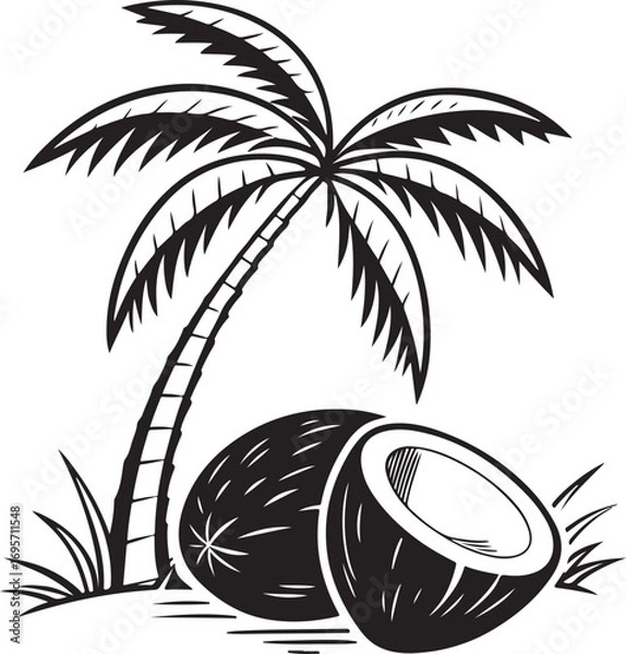 Fototapeta Coconut Palm Tree with Tropical Nuts Vector Illustration, Black and White Exotic Fruit Drawing Isolated on White Background