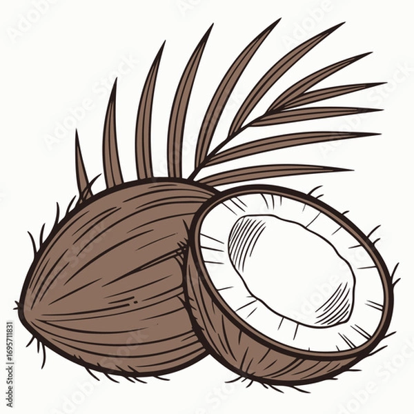 Fototapeta Coconut Vector Illustration with Half Cut Tropical Nut and Palm Leaf Isolated on White Background