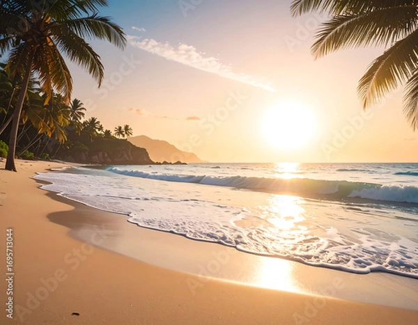 Fototapeta A serene beach scene at sunrise, featuring palm trees, golden sand, and ocean waves.