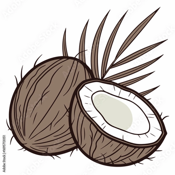 Fototapeta Coconut Vector Illustration with Half Cut Tropical Nut and Palm Leaf Isolated on White Background