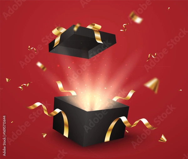 Fototapeta Elegant Opening Black gift boxes with golden confetti and ribbons, on red backgrounds