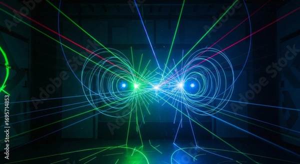 Fototapeta Abstract Laser Light Show with Glowing Lines and Spirals.