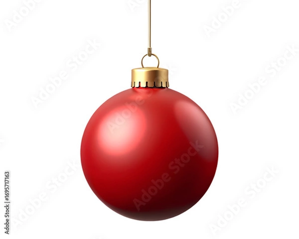 Fototapeta 3d illustration of a single, vibrant red christmas bauble ornament with a golden cap, hanging by a thread, isolated on a transparent background
