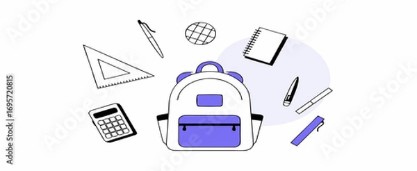 Fototapeta Illustration of a purple backpack surrounded by school supplies including a ruler, calculator, notebook, and pen.