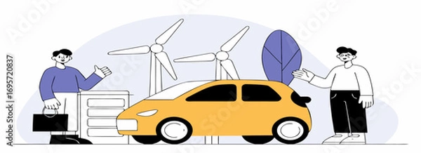 Fototapeta Two men discussing renewable energy solutions near a yellow electric vehicle with wind turbines in the background.