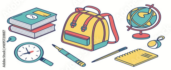 Fototapeta Colorful school supplies including a backpack, books, globe, and stationery items arranged on a light background.
