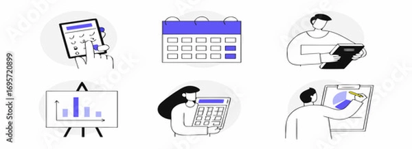 Fototapeta Collection of illustrated icons depicting various business and planning concepts, including graphs, calendars, and document analysis.