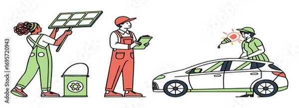 Fototapeta Illustration of people engaging in eco-friendly practices, including recycling and utilizing solar energy with a vehicle.
