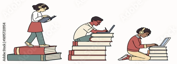 Fototapeta Illustration of diverse students writing notes and working on laptops, stacked on tall piles of books, depicting a learning environment.