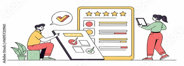 Fototapeta Illustration of two individuals evaluating feedback using charts and checkmarks in a collaborative workspace