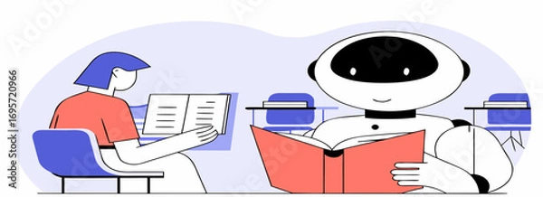 Fototapeta A person reading a book while seated next to a humanoid robot in a classroom setting with pastel colors.