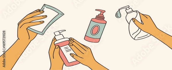 Fototapeta Illustration of diverse hands holding different bottles of skincare and cleaning products in soft pastel colors.