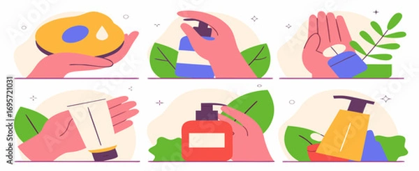 Fototapeta Illustration of hands interacting with various skincare products on a pastel background with leaves, showcasing a natural and calming aesthetic.