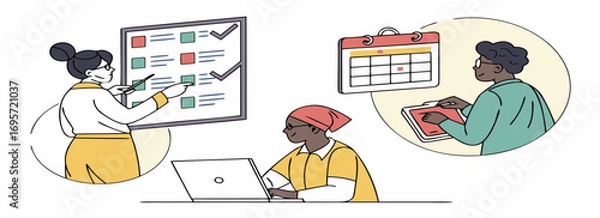 Fototapeta Illustration of a diverse team collaborating on project management with charts and calendars.