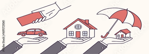 Fototapeta Illustration of various insurance types represented by hands holding a vehicle, a home, and an umbrella with a smaller house, emphasizing protection and financial security.
