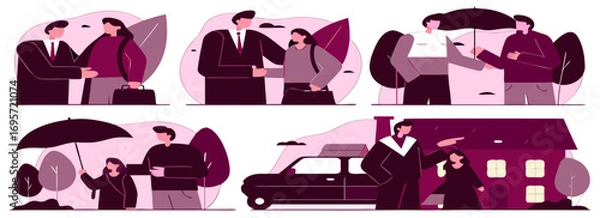 Fototapeta A set of illustrations depicting professional interactions and communication between business professionals, showcasing themes of collaboration and connection.