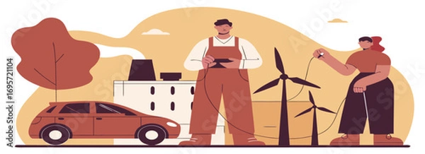 Fototapeta Illustration of two individuals in work attire near an electric vehicle and wind turbines, showcasing renewable energy.
