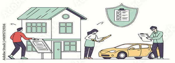 Fototapeta Illustration of a couple inspecting their home and car with tools, emphasizing maintenance and care.