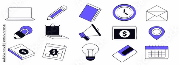 Fototapeta Collection of flat design business icons on a purple background including a laptop, clock, money, and stationery items.