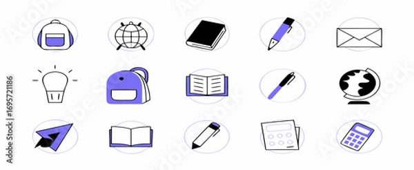 Fototapeta Various simple and minimalistic icons depicting office tools and communication devices against a white background.