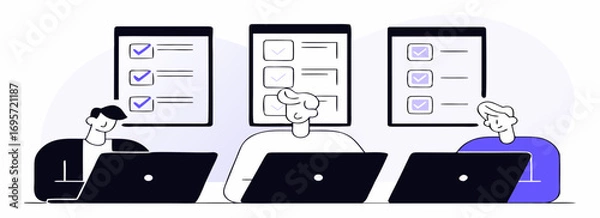 Fototapeta Illustration of three people collaborating in a modern workspace with laptops and project checklists.