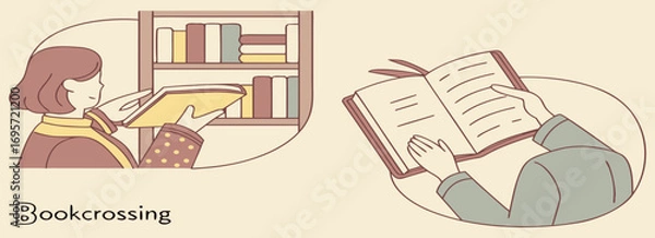Fototapeta Illustration of two individuals engaged in reading, one with a book in hand near a bookshelf and another reading from a book.