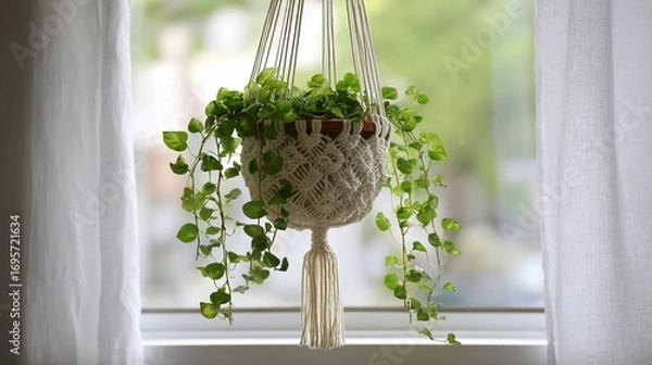 Fototapeta Macrame plant hanger with green plant in front of a window.