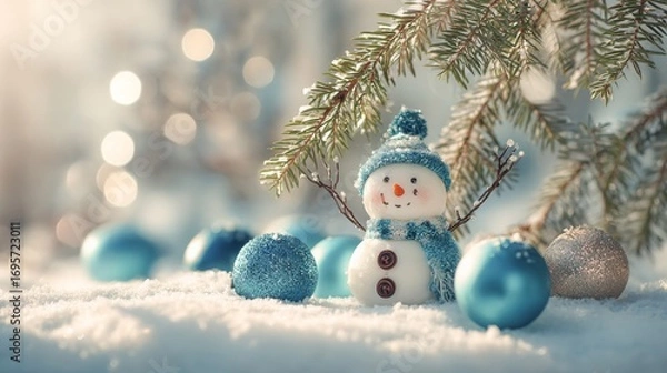 Fototapeta Winter holiday christmas background banner - Closeup of cute funny laughing snowman with wool hat and scarf, on snowy snow snowscape with christmas baubles and bokeh lights