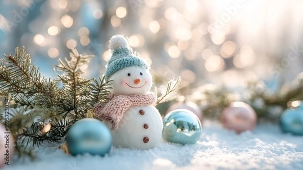 Fototapeta Winter holiday christmas background banner - Closeup of cute funny laughing snowman with wool hat and scarf, on snowy snow snowscape with christmas baubles and bokeh lights
