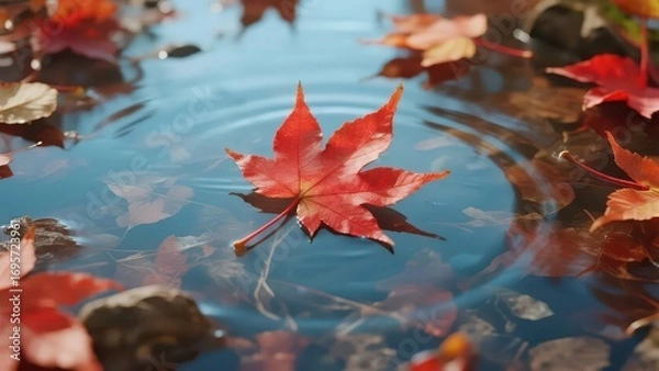 Fototapeta A red maple leaf floats on the water, with other autumn leaves scattered around, and ripples on the water, showing the quiet beauty of autumn to the full.
