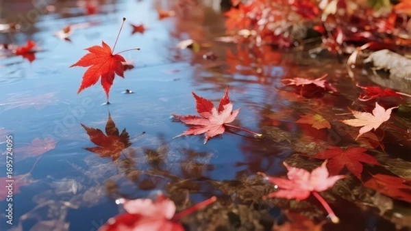 Fototapeta A red maple leaf floats on the water, with other autumn leaves scattered around, and ripples on the water, showing the quiet beauty of autumn to the full.
