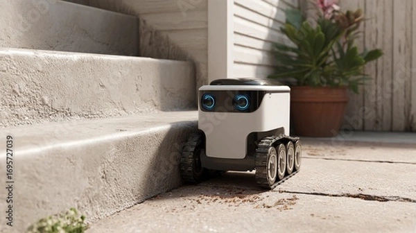 Fototapeta A small, white, tracked robot with blue eyes is positioned on a concrete walkway next to a set of outdoor stairs.