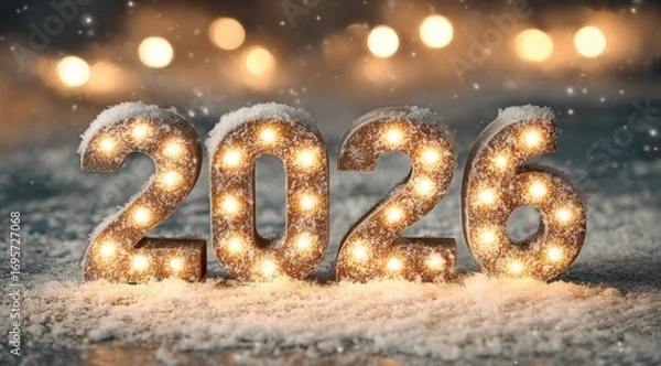 Fototapeta New Year's Eve decorations for 2026 illuminated with lights in a snowy landscape
