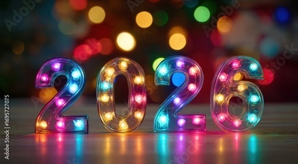Fototapeta Colorful illuminated numbers 2026 standing against a blurred festive background with vibrant bokeh lights