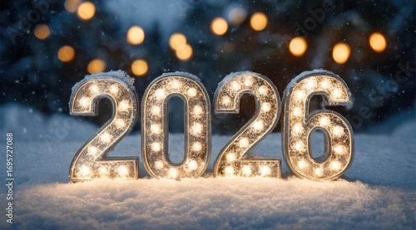 Fototapeta Brightly lit 2026 display in snow with festive lights during winter holiday season, capturing seasonal cheer and anticipation for the new year