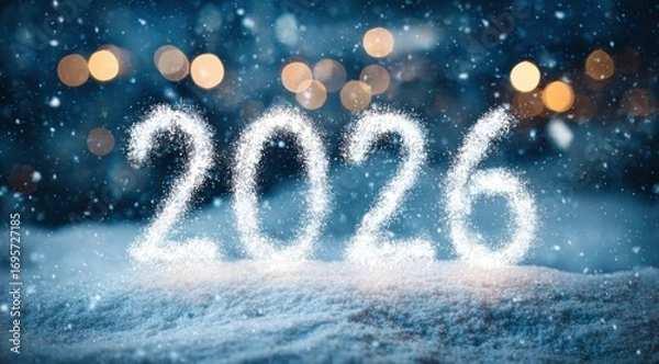 Fototapeta Snow-covered ground showcases the year 2026 written in sparkling frost with blurred lights in the background during a winter evening