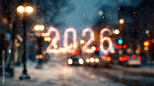 Fototapeta Winter city streets illuminated by colorful lights welcome the year 2026 during a snowy evening