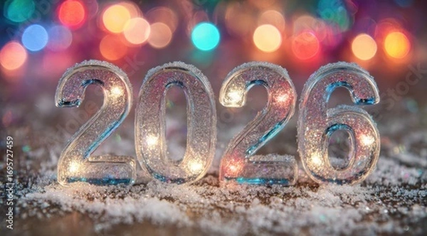 Fototapeta Celebratory decorations illuminated for the New Year 2026 event with soft snow and colorful lights