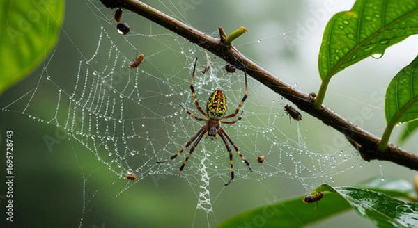 Obraz Spider Weaving Web with Rain Droplets in Rainforest