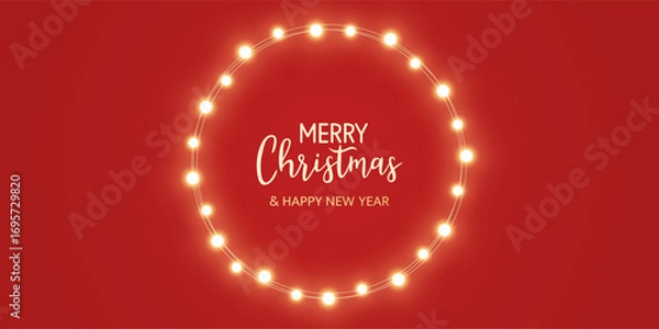 Fototapeta Christmas gold light circle frame. Fairy bulb red banner. New Year luxury string garland. Winter party background. Led neon baubles. Festive border. Glow lamp bg. Glitter bright. Vector illustration