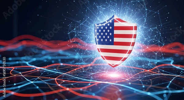 Fototapeta Election security shield with usa flag pattern, symbolizing protection of data and networks. Shield underscores election data protection, ensuring integrity and safeguarding us democracy.