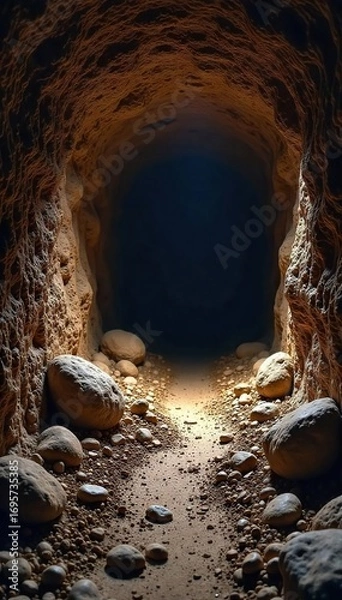 Fototapeta Dark, damp cave floor, textured with clay, rocks, and mineral deposits A sense of mystery and age pervades the scene Ideal for backgrounds, textures, and geological studies , rough, karst