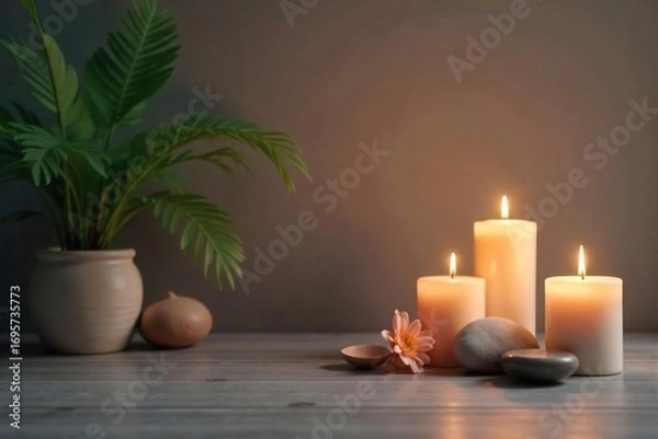 Fototapeta Serene studio shot of a peaceful meditation scene Soft lighting illuminates candles and calming objects, creating a tranquil atmosphere ideal for mindfulness and relaxation , wellbeing, texture