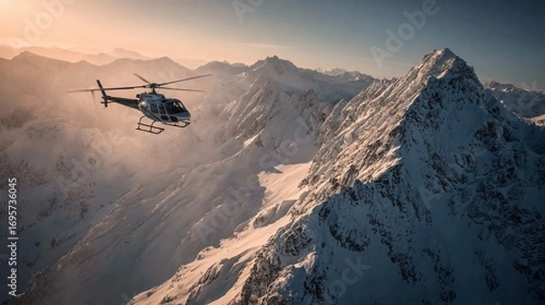 Fototapeta A helicopter flies over a vast, snow-covered mountain range during a golden sunrise, with peaks emerging from the clouds.