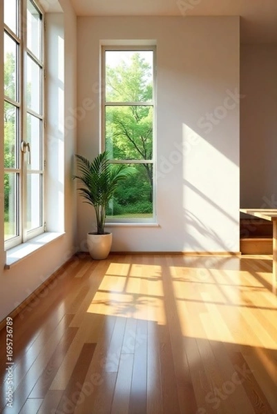Fototapeta Gleaming hardwood floors reflect sunlight streaming through a large window in a modern, minimalist interior Clean lines and natural light create a bright and airy atmosphere , light, natural