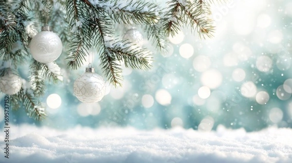 Fototapeta Christmas landscape snowy winter holiday celebration greeting card - Closeup of frozen pine fir branch from a christmas tree with christmas baubles in the snow with bokeh