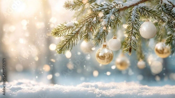Fototapeta Christmas landscape snowy winter holiday celebration greeting card - Closeup of frozen pine fir branch from a christmas tree with christmas baubles in the snow with bokeh