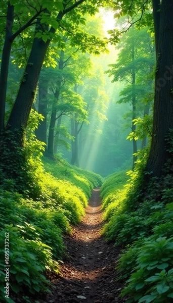 Fototapeta Dense, wild bush land explodes with vibrant green foliage, sunlight dappling through leaves onto the earthy ground A haven of untamed nature, teeming with life , spring, foliage, natural