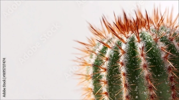 Fototapeta Close-up shot of a green cactus with sharp, orange-tipped spines against a white background.