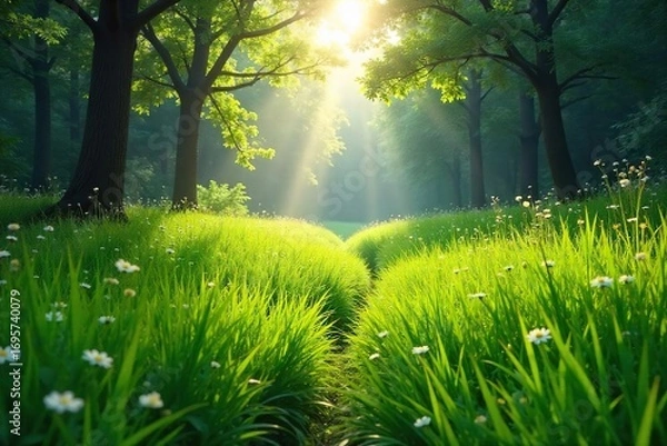 Fototapeta Dense, lush grassland teeming with life, sunlight filtering through tall grasses creating dappled shadows A vibrant ecosystem thrives in this picturesque natural landscape , landscape, prairie